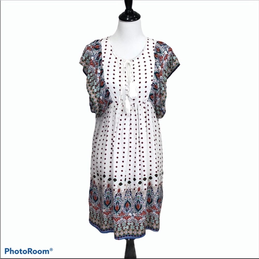 Kate C sleeveless round neck front tassel ties butterfly sleeve dress